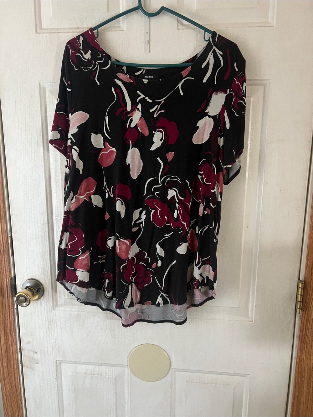 Alfani Black Short-Sleeve Scoop Neck Top with Pink and White Floral Pattern